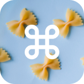 Logo sobre imagen de pasta farfalle